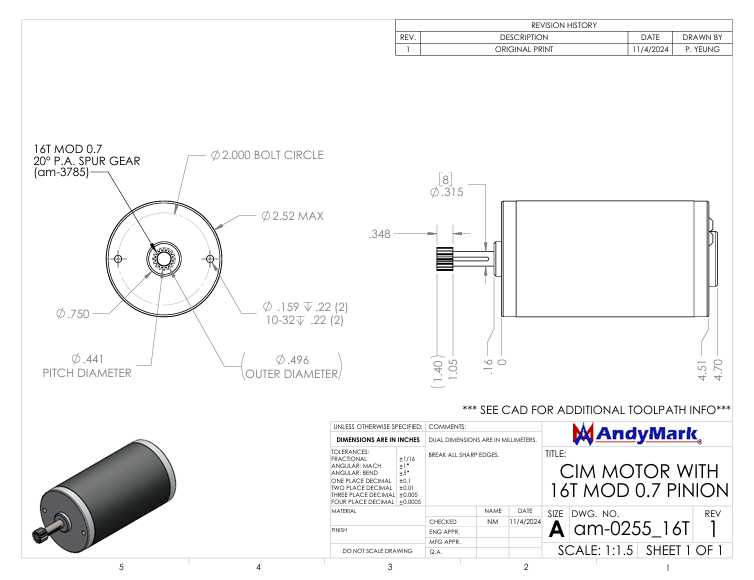 AndyMark CIM Motor with 16-tooth pinion